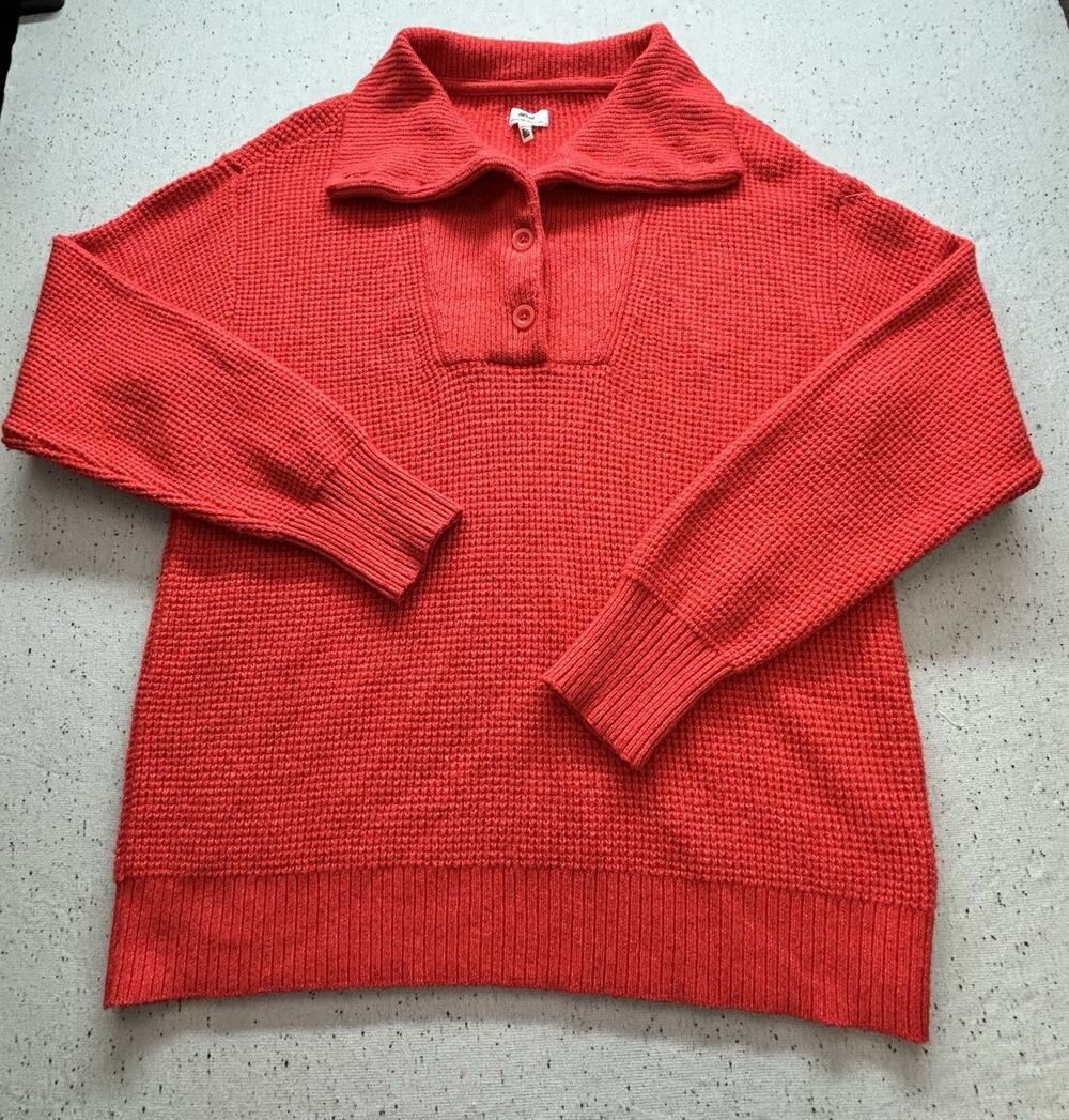 Aerie CozyUp Waffle Button Sweater Red Oversized Polo Knit Slouchy Top Sz Med